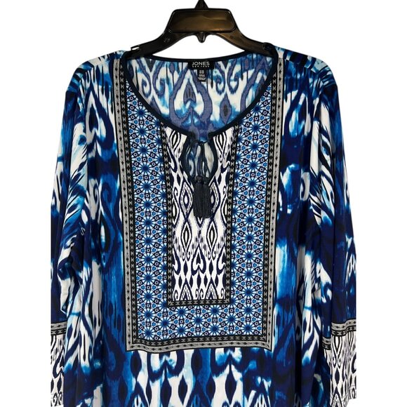 Jones New York Womens 2X Blue & White Printed Tunic Top With Tassel Tie Neckline - Picture 14 of 16